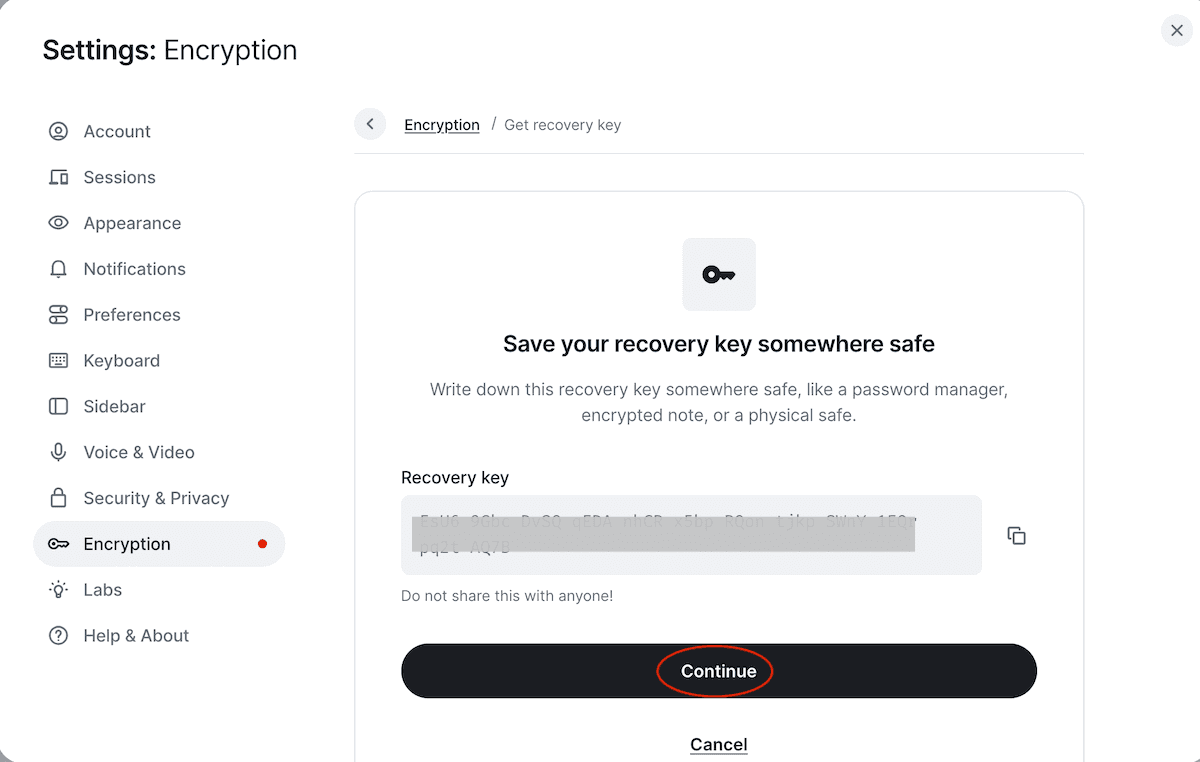 Save recovery key